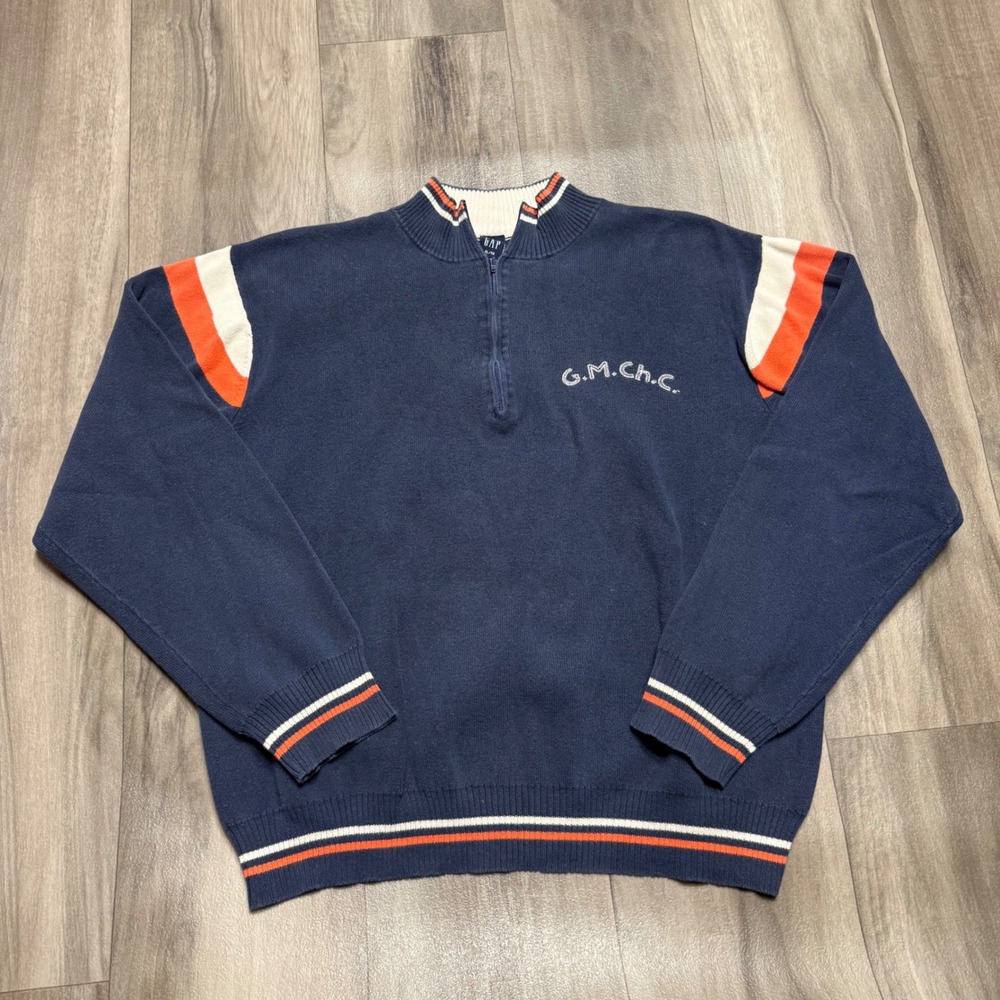 Gap Vintage Navy Blue Quarter Zip Sweater Orange White Stripes XL G.M.Ch.C.